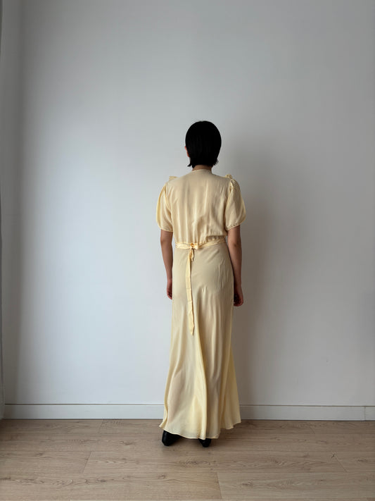 1940s Yellow Ruffled Silk Lace Embroidered Maxi Slip Dress, Bias Cut Bridal Lingerie