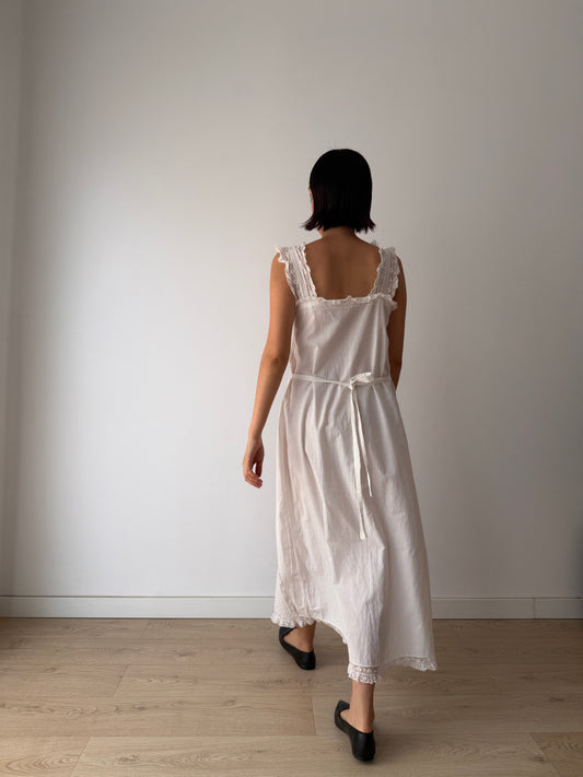 Vintage White Cotton Dress, French Lace & Pink Floral Embroidery, Square Neck Ruffle Straps, Romantic Antique Bridal Gown