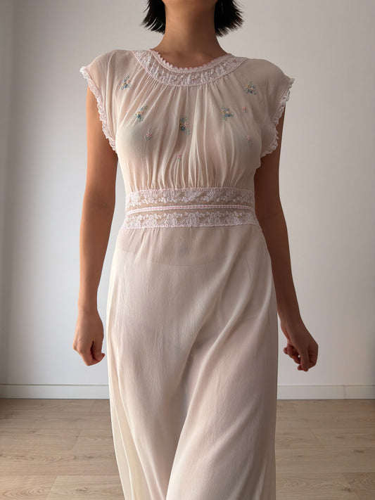 1940s Bridal Sheer Pure Silk Dress, Ivory Lace & Floral Embroidery Gown