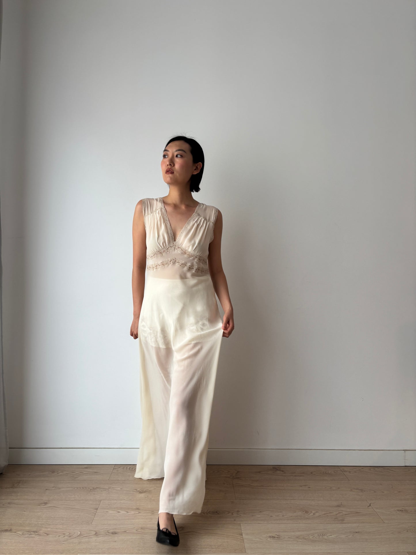 1940s Sheer Ivory Silk Chiffon Lace Embroidery Bias Cut Gown