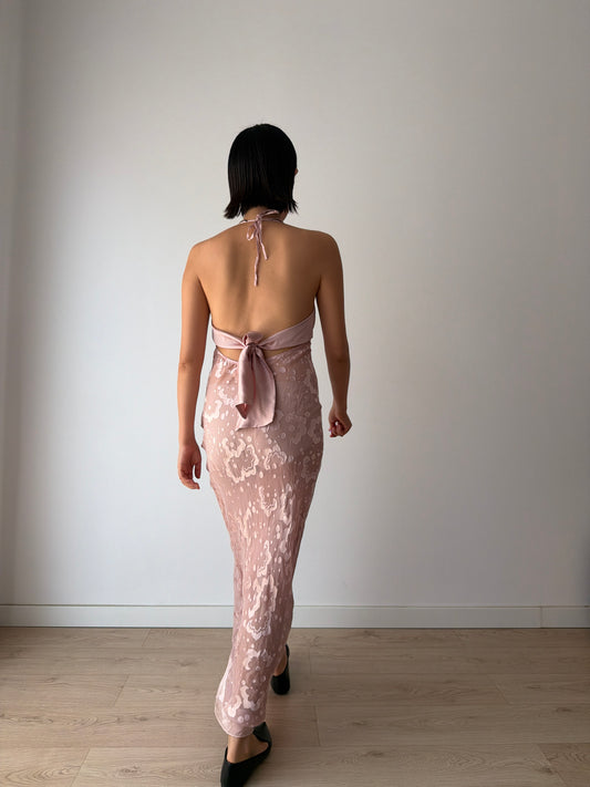 1990s Blush Pink Sheer Silk Slip Dress, Devoré Velvet Pattern, Backless Spaghetti Strap Dress