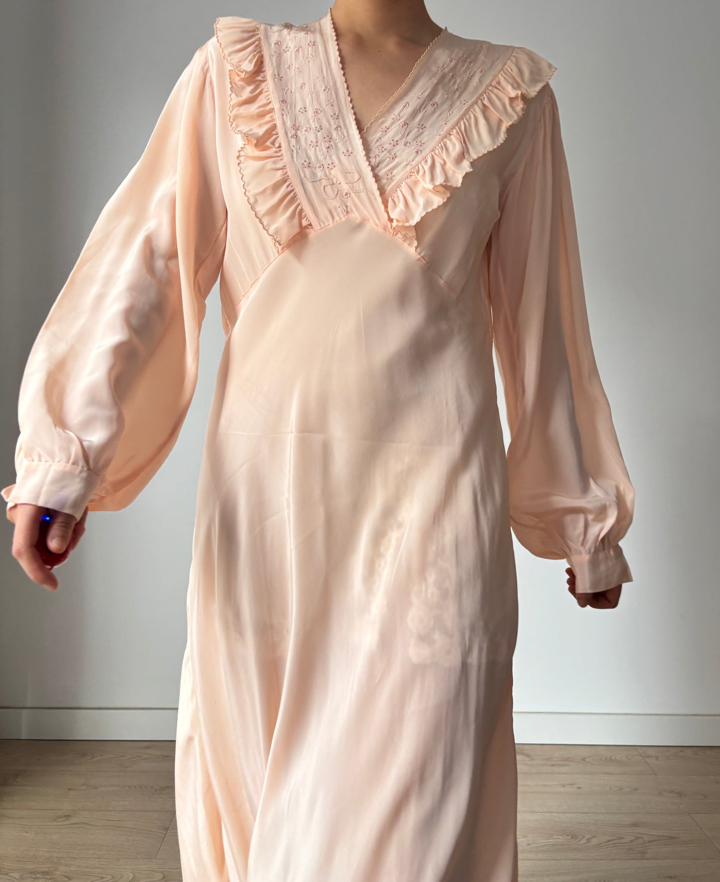 1930s Bias Cut Silk Crepe Nightgown in Pastel Pink: Long Sleeve with Ruffled neckline & Embroidery