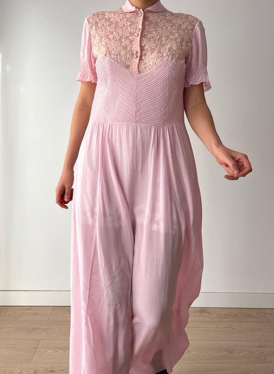 1940s Pin Tuck Maxi Dress in Lilac: Floral Lace on Silk Crepe