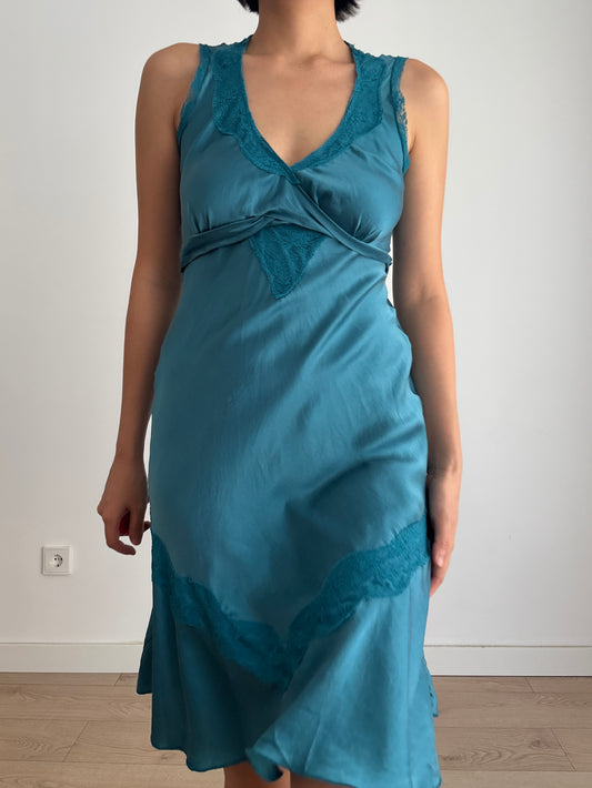Vintage 90s Silk Dress | Deep Teal Blue Lace Detail Sleeveless