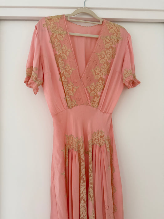 1930s Pink Pure Silk Bias Cut Dress, French Heavy Lace, Puff Sleeves, Bridal Romantic Rare Antique Gown