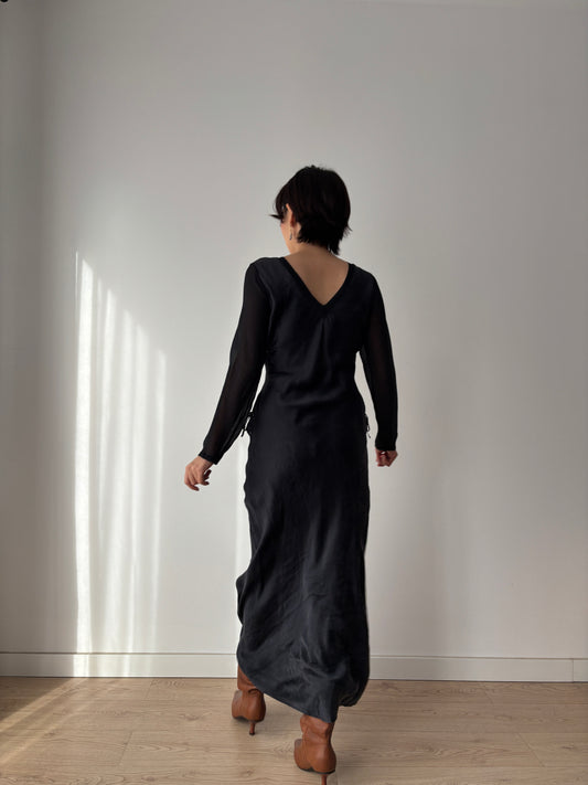 1990s Y2K Black Silk Nightgown: Long Sleeve with Side Tie Detail