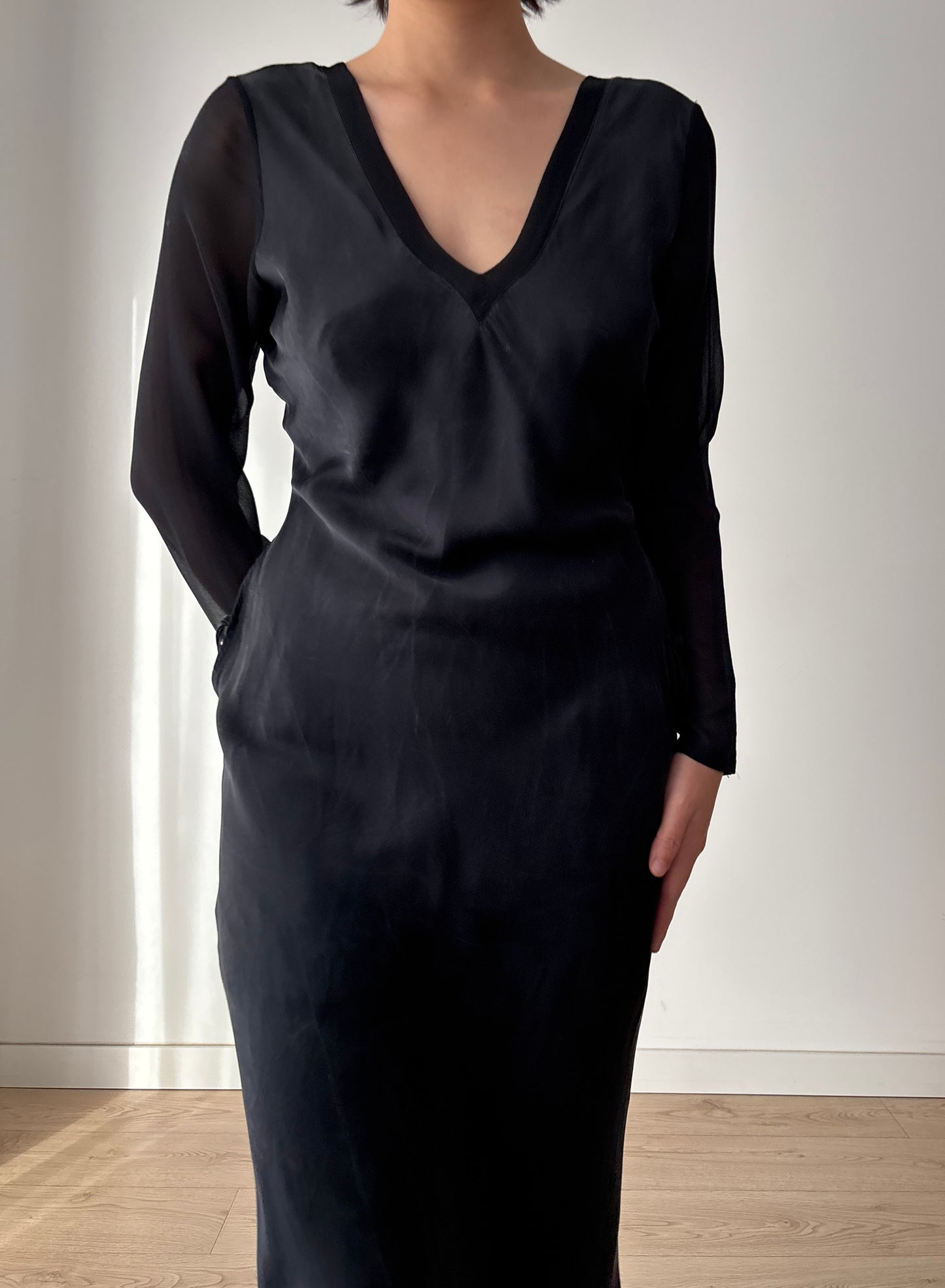 1990s Y2K Black Silk Nightgown: Long Sleeve with Side Tie Detail