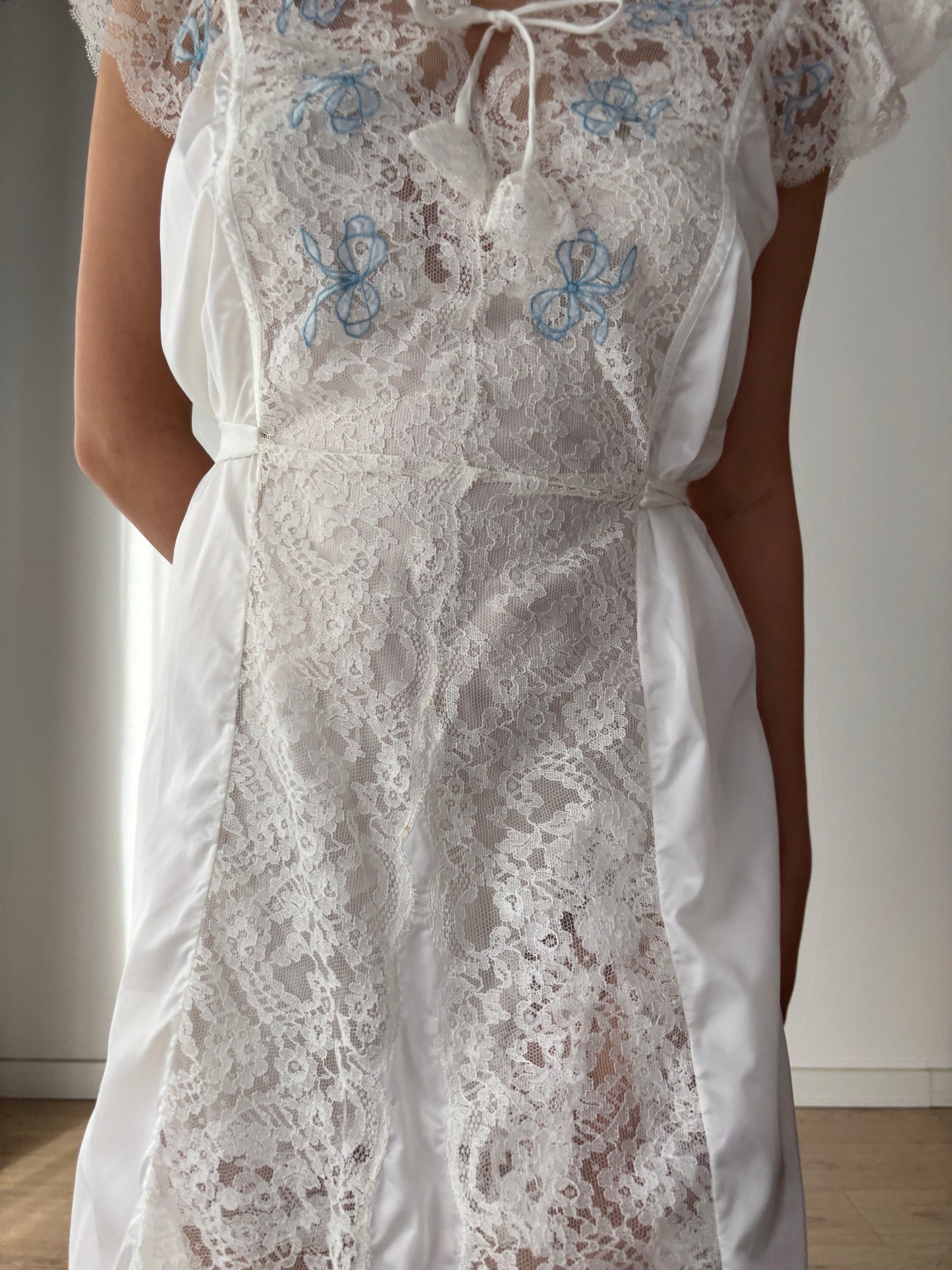 1960s Nylon Slip Dress in White: Blue Floral Appliqué & Bow Detail