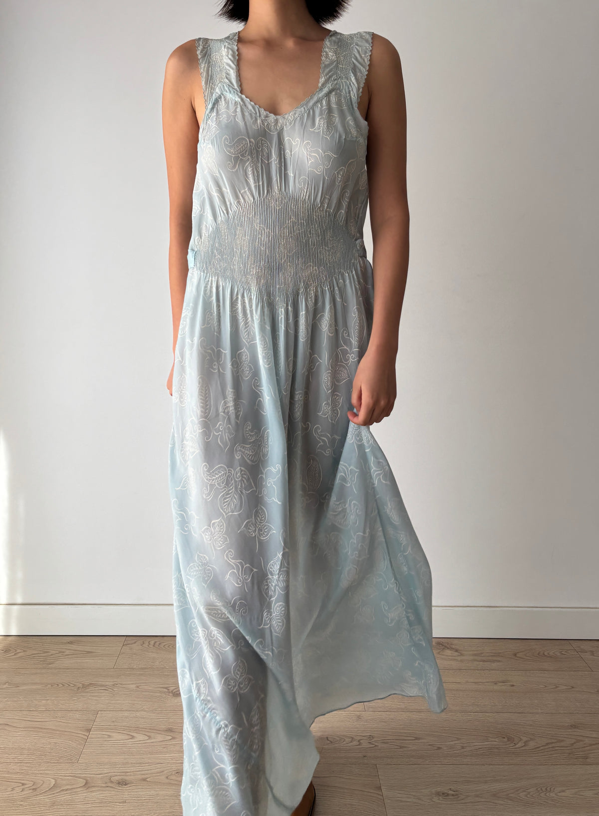 Vintage Blue Paisley Nightgown, Shirred Waist and Gathered Straps, Tie Back Maxi Dress, circa 1940s