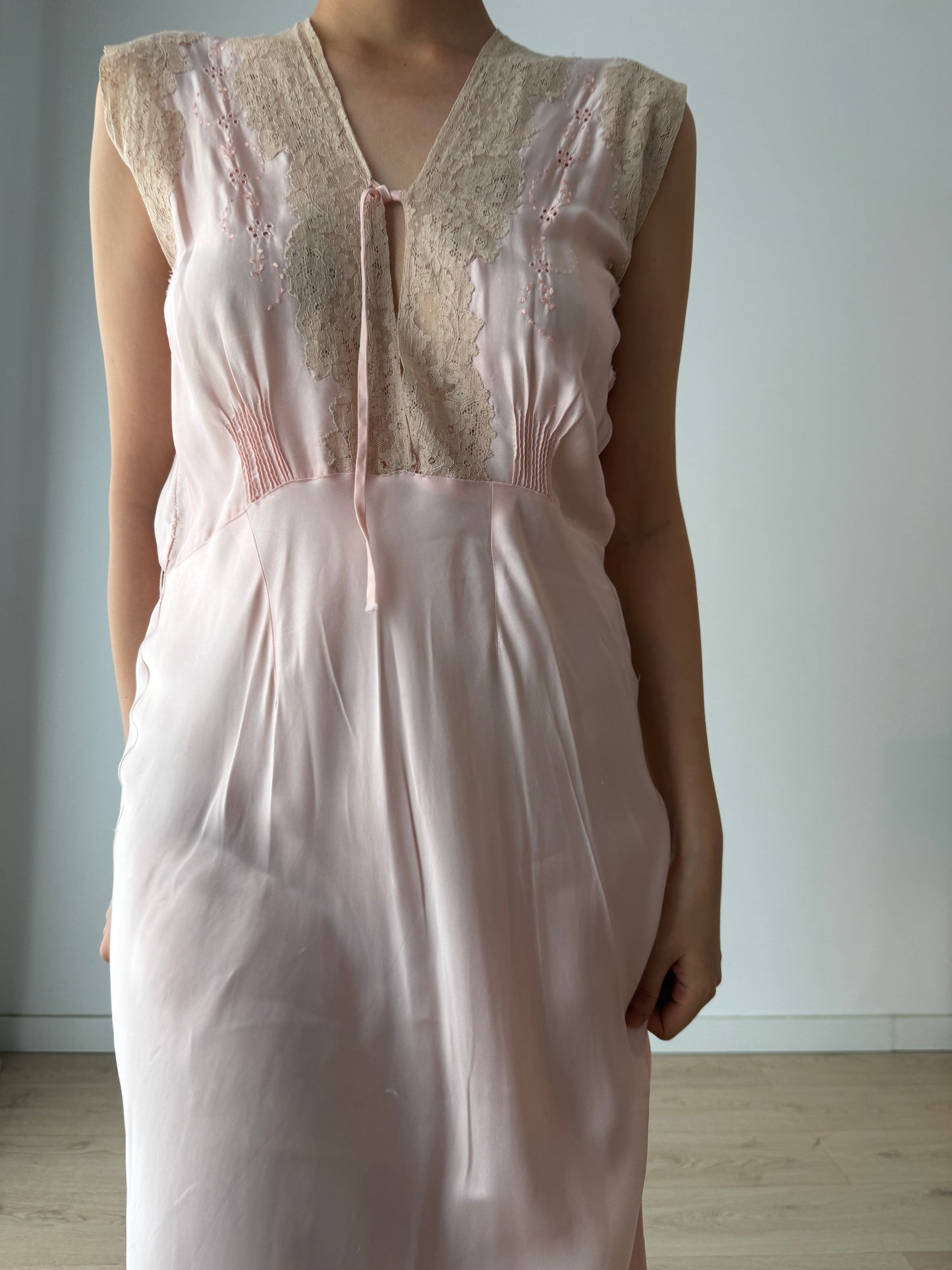 1940s Antique Bias Cut Lace Pastel Pink Silk Embroidered Nightgown, Liquid Silk Bridal gown