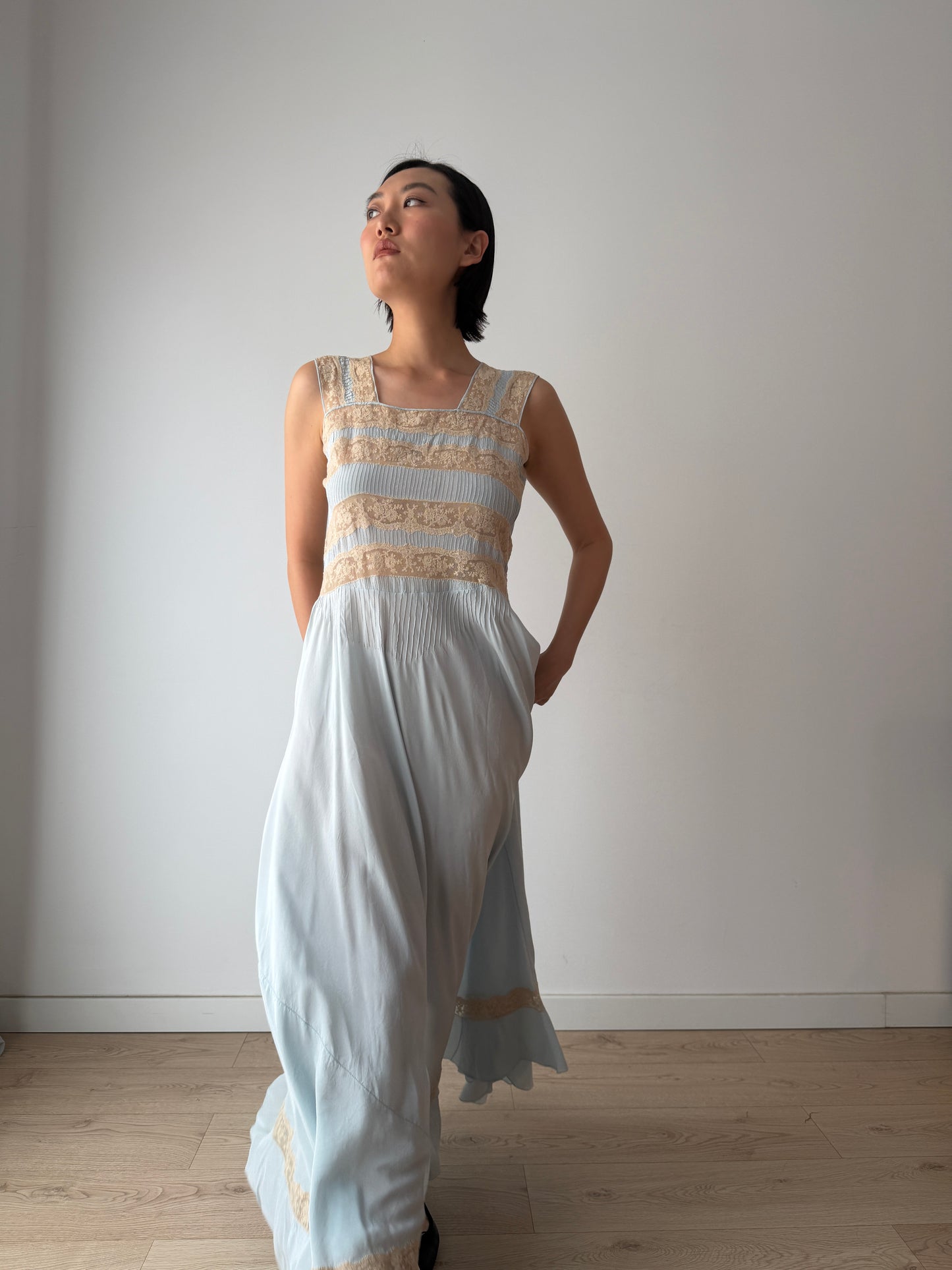 1930s Bias Cut Silk Crepe Gown in Blue: Lace Appliqué & Ruffle Lace Hem Detail