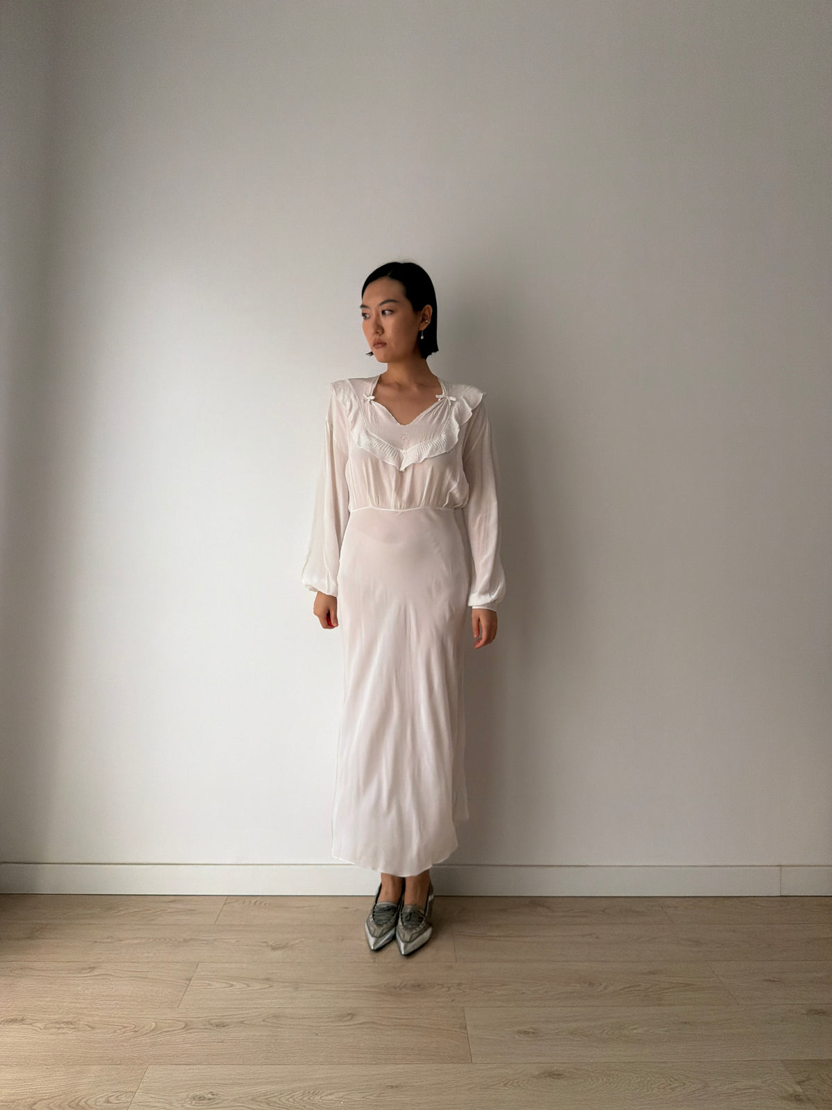 1950s Silk Lace Floral Embroidered Maxi Dress,