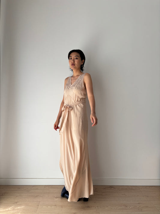 1930s brown beige liquid satin pure silk bias cut nightgown maxi lingerie dress