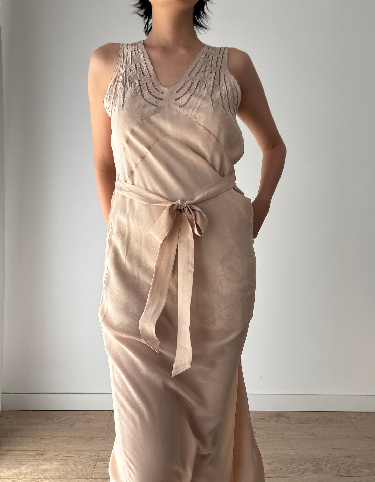 1930s brown beige liquid satin pure silk bias cut nightgown maxi lingerie dress