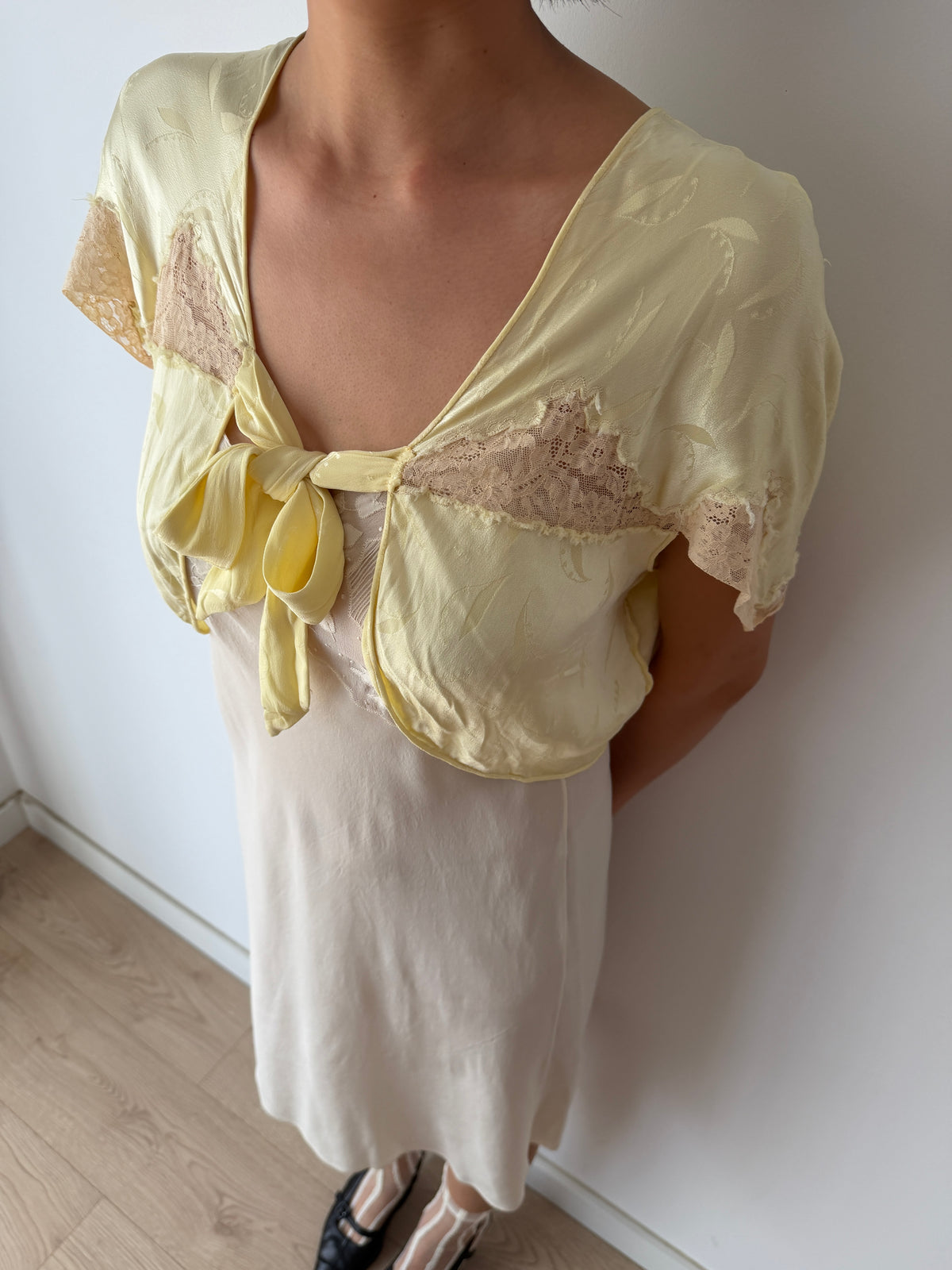 1940s Pale Yellow Silk Satin Bed Jacket | Antique Lace Trim Lingerie Bolero