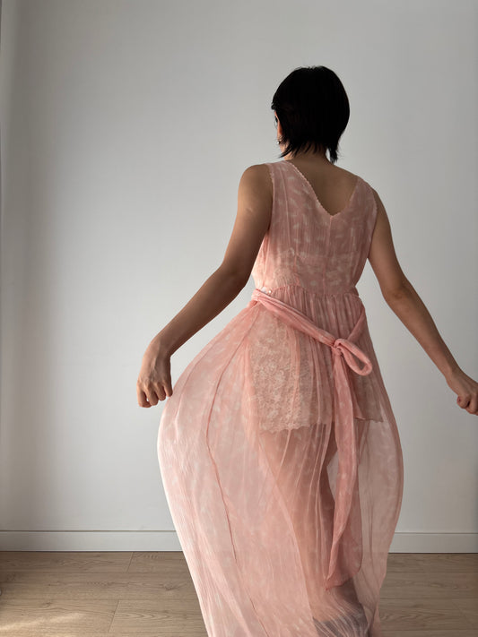 1930s Antique Bias Cut Negligee Pure Silk Chiffon Lace Romantic Liquid dress