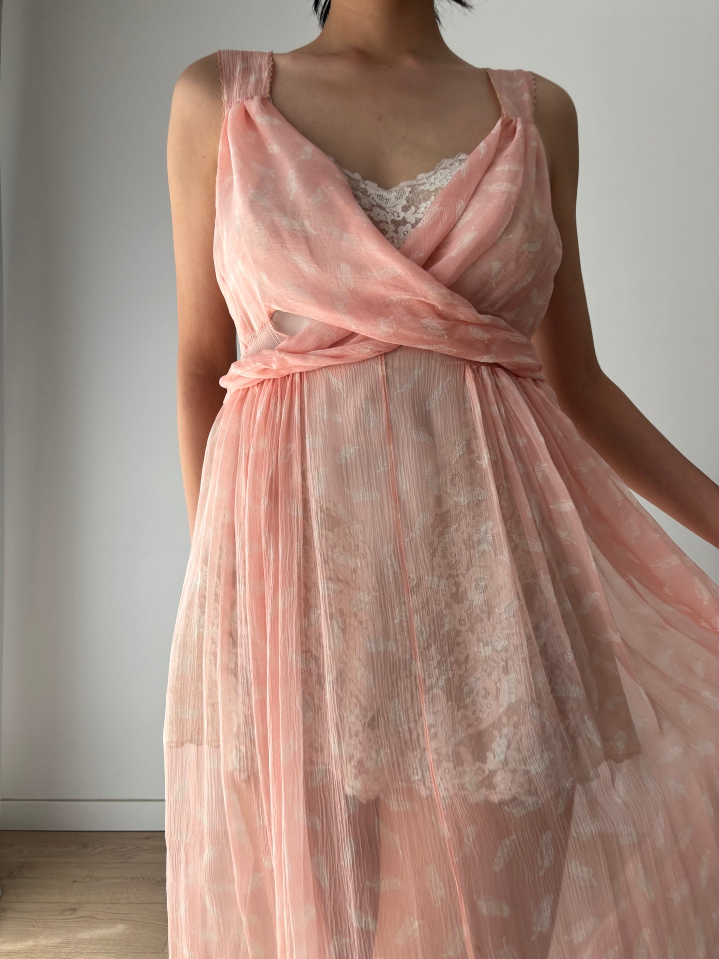 1930s Antique Bias Cut Negligee Pure Silk Chiffon Lace Romantic Liquid dress