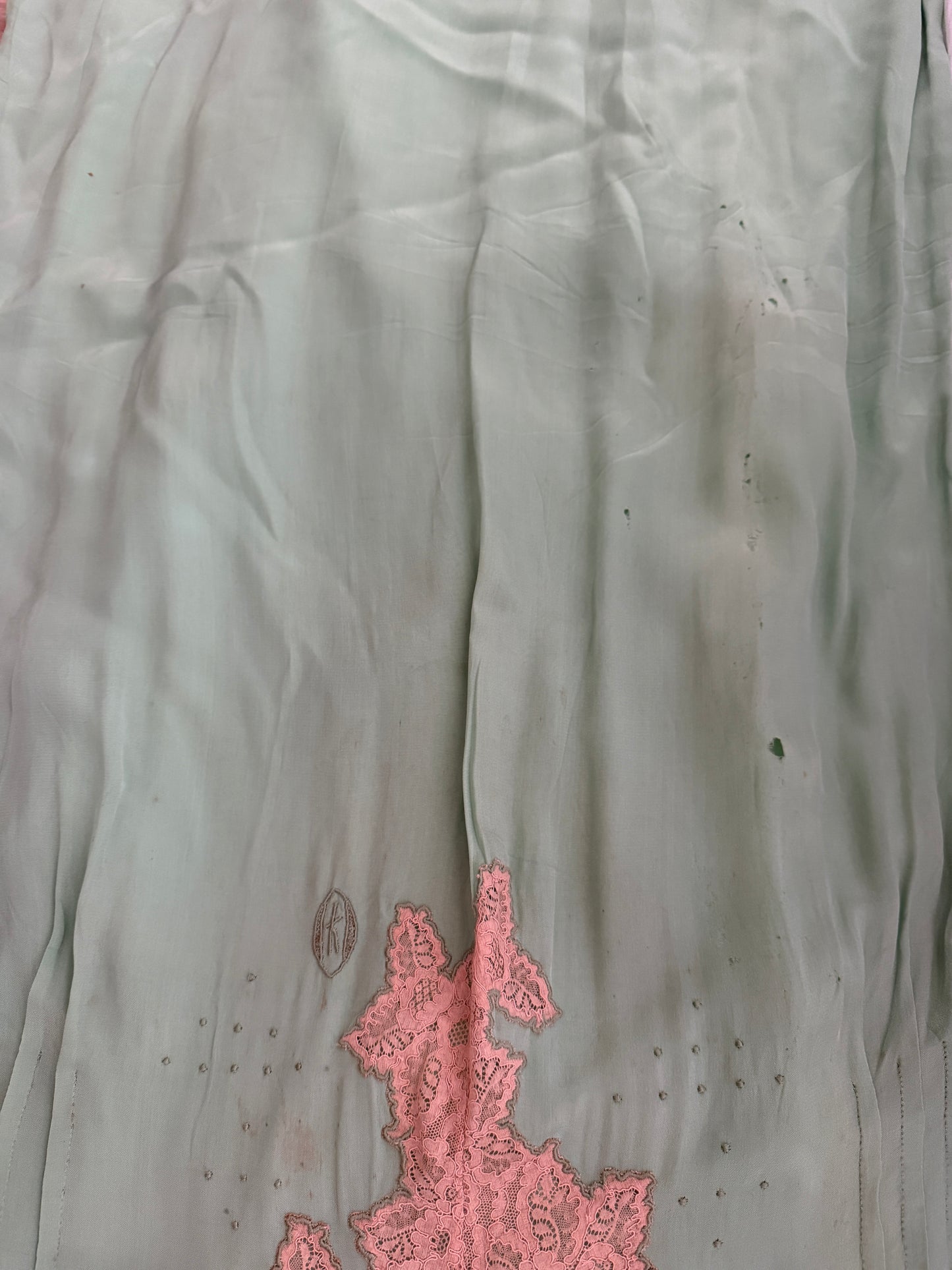 1920s Green French Lace Embroidered Silk Satin Nightgown: Romantic Maxi Slip Dress