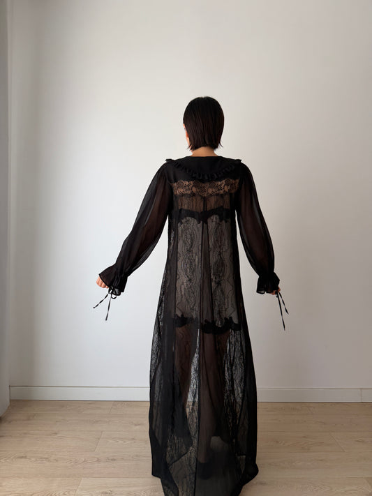 Vintage Gothic Black Lace Robe in Pure Silk Crepe with Ribbon Closure