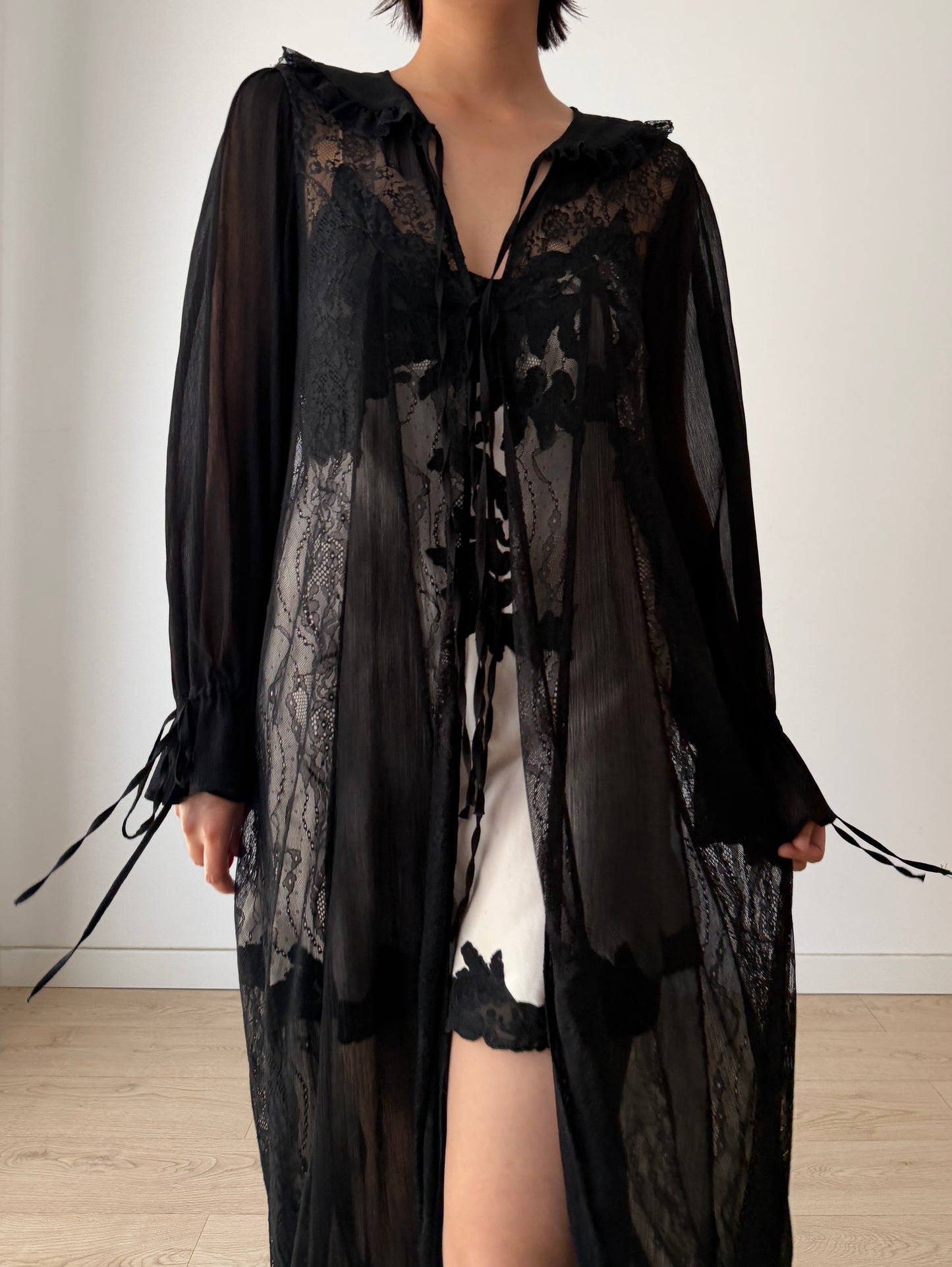 Vintage Gothic Black Lace Robe in Pure Silk Crepe with Ribbon Closure
