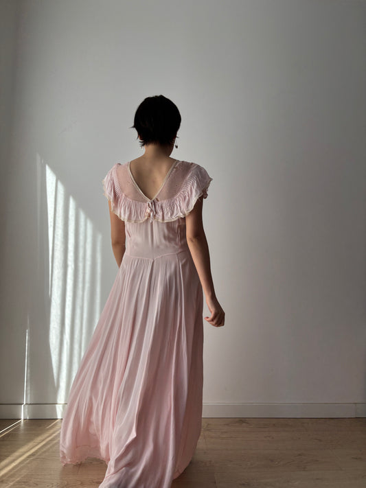 1930s Pink Silk Lace Maxi Dress with Bow Detail