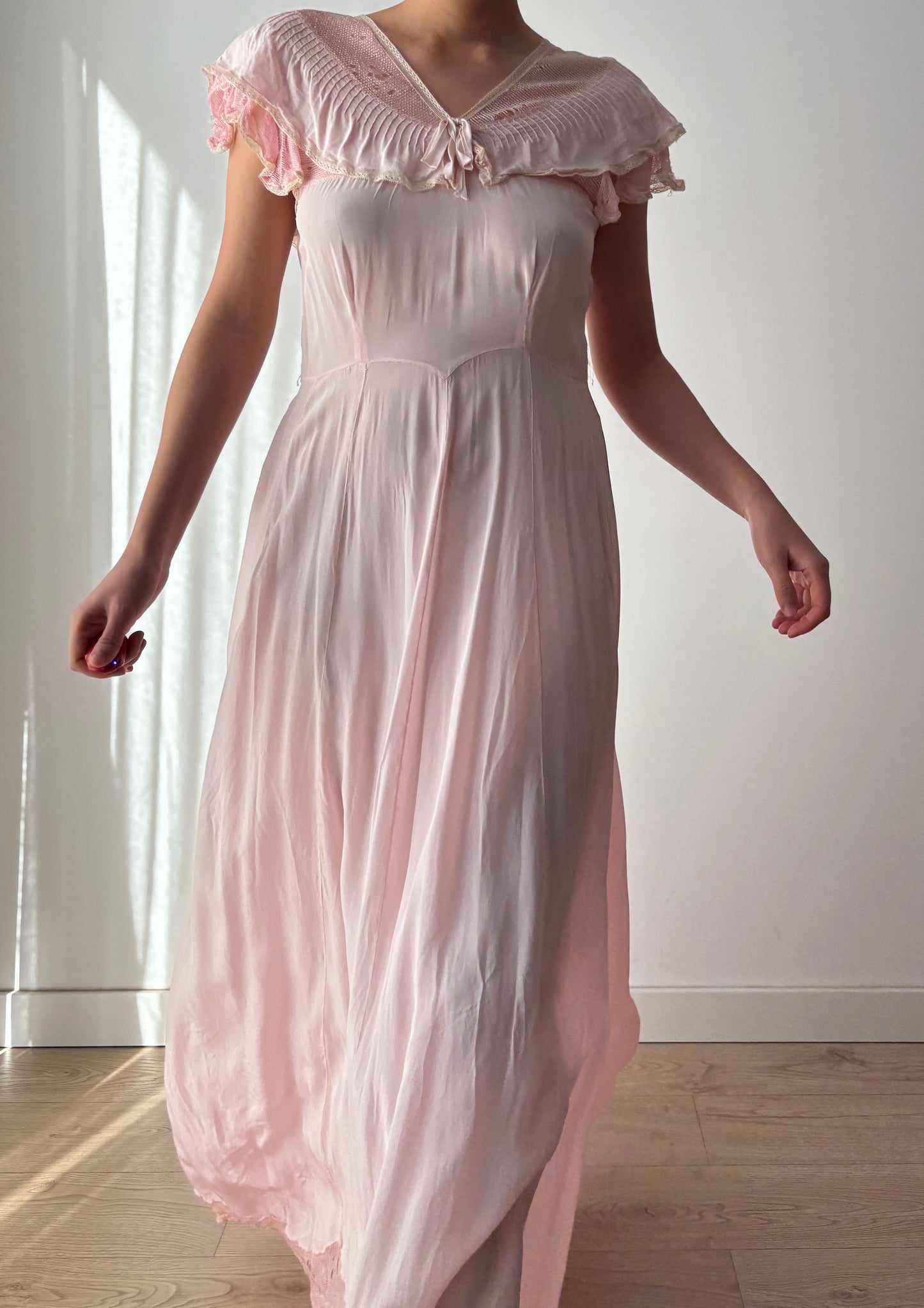 1930s Pink Silk Lace Maxi Dress with Bow Detail