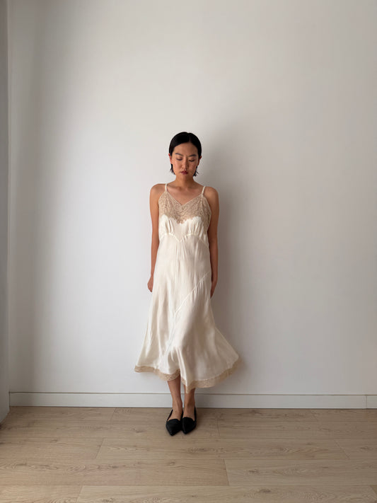 1940s Vintage Silk Satin Slip Dress, Antique Lace Bridal Lingerie