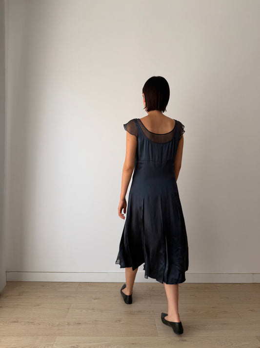 Vintage 90s Chic Y2K dark blue pure silk midi dress