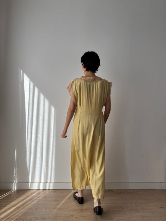 1920s Embroidered Silk Nightgown in Yellow: Long Slip Dress
