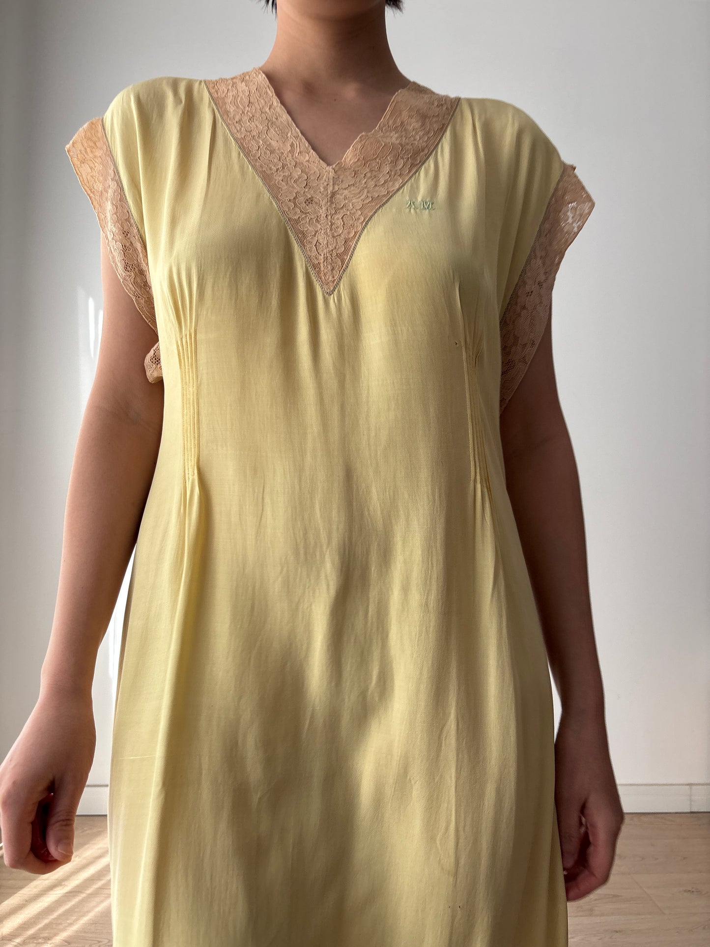 1920s Embroidered Silk Nightgown in Yellow: Long Slip Dress