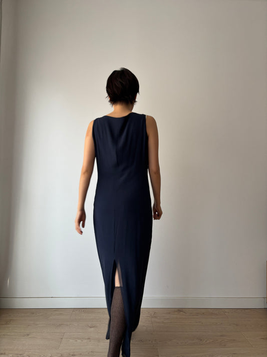 Y2K Dark Blue Beaded Silk Dress: Sleeveless with Back Slit & Left Side Zipper