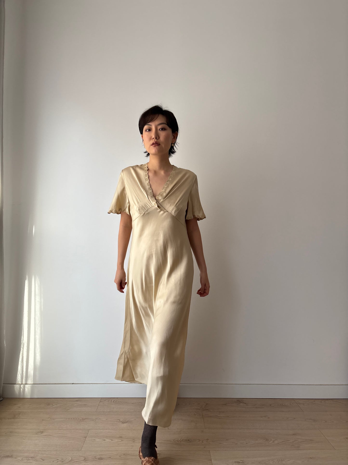 Vintage Y2K Beige Liquid Pure Silk Camisole Maxi Slip Dress