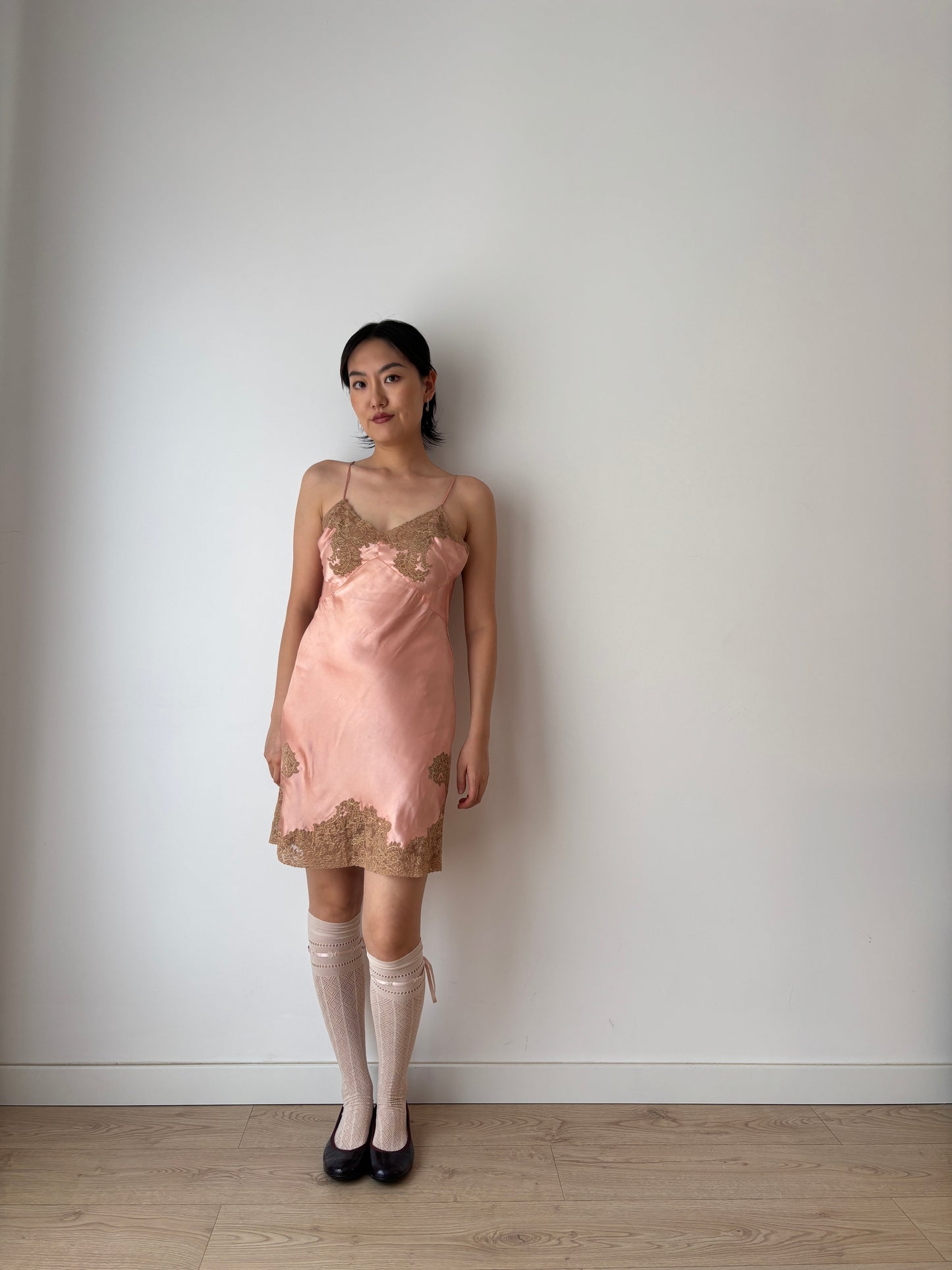 1920s Peach Pink Lace Liquid Pure Silk Floral Embroidered Camisole Bridal Slip Dress