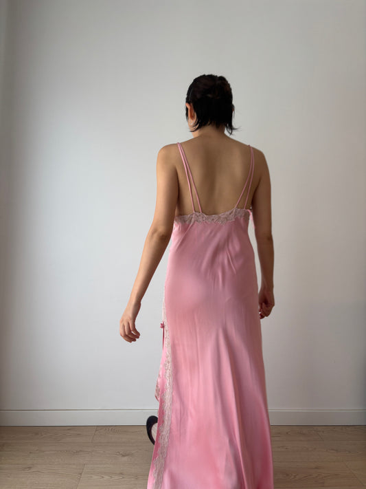 Antique Vintage Pink Pure Silk Lace Rose Embroidered Maxi Dress