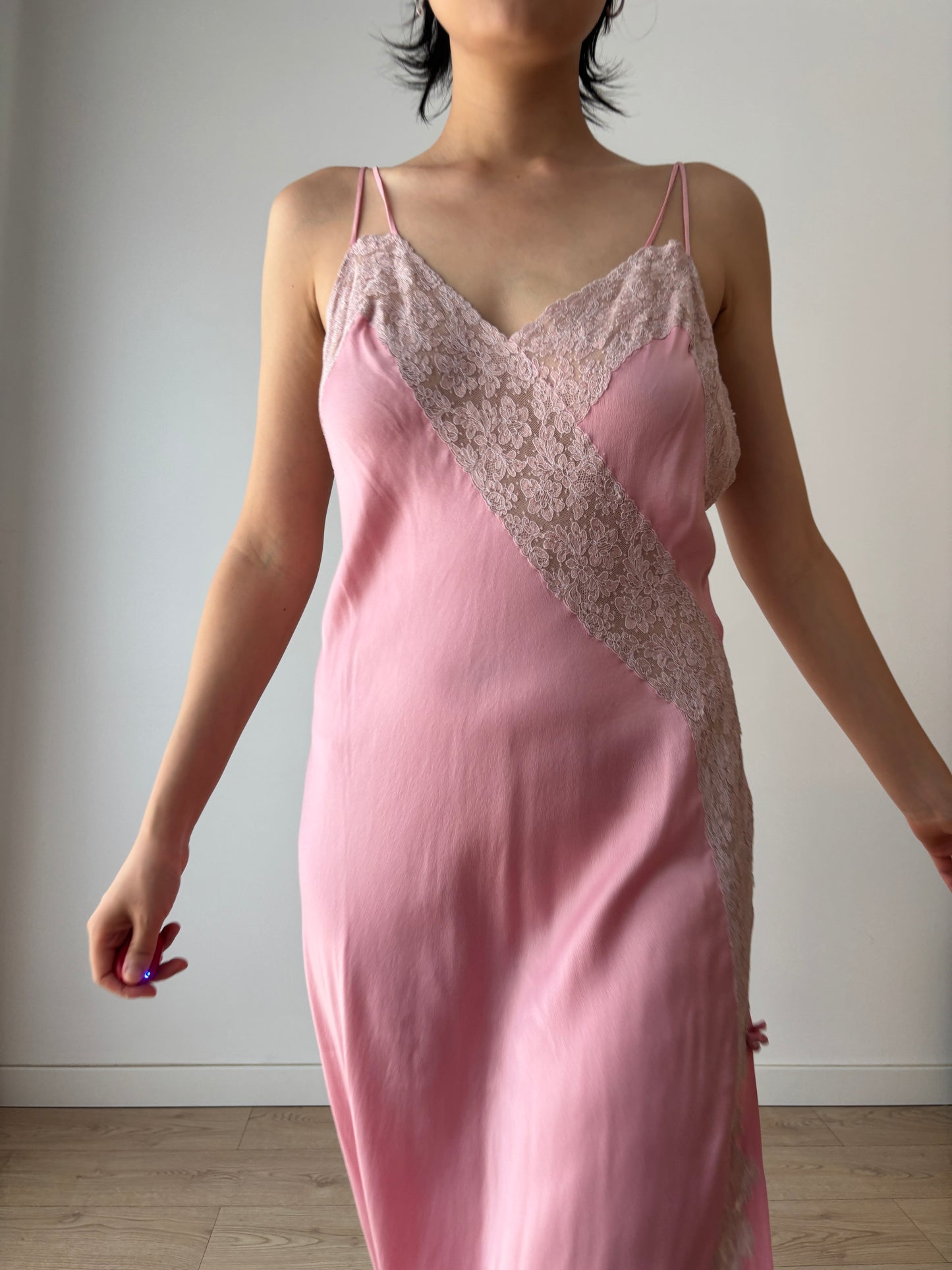 Antique Vintage Pink Pure Silk Lace Rose Embroidered Maxi Dress