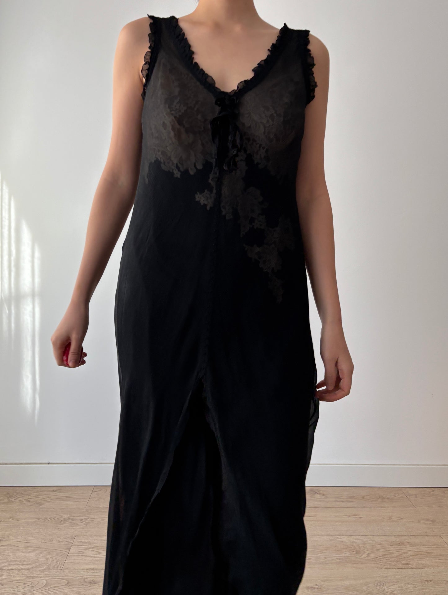 Y2K Black Sheer Silk Chiffon Nightgown: V-Neck, Front Opening & Ruffled Hem