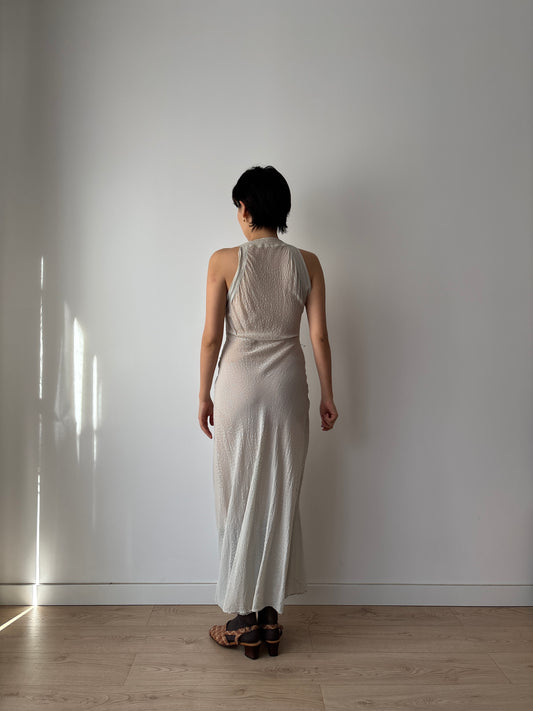 1930s Bias Cut Silk Crepe Gown in Beige: Subtle Blue Floral Print