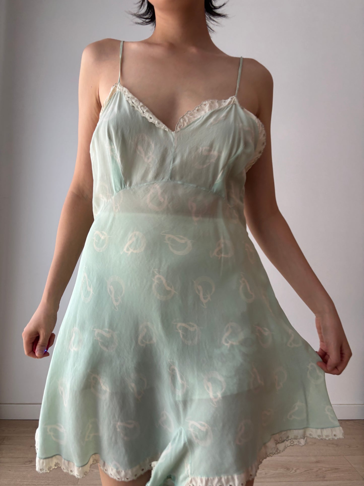 1920s Green Print Silk Step In Romper with Lace Trim, Antique Boudoir Nightie Romantic Mini Lace Playsuit Jumpsuit