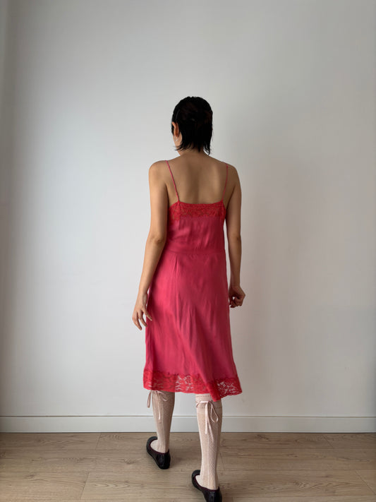 1930s 1920s Antique rare red rich lace liquid pure silk satin bridal slip dress