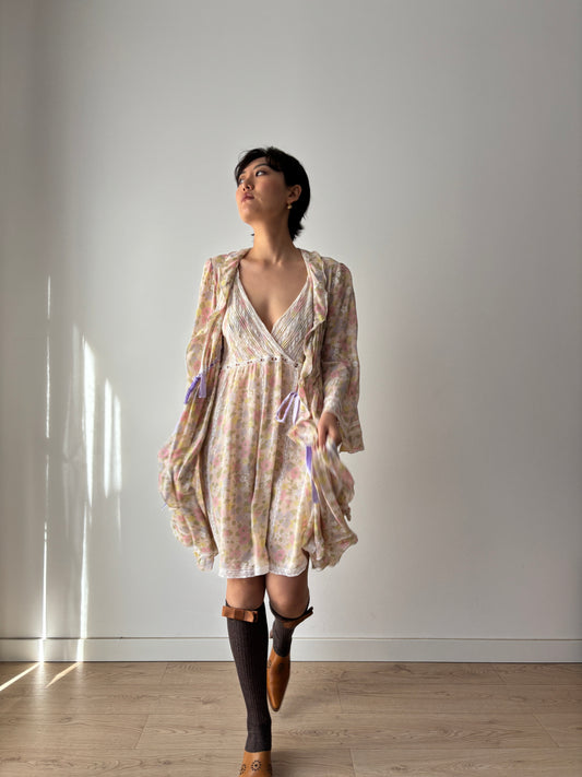 1960s French Lace & Silk Peignoir Set: Floral Robe and Slip