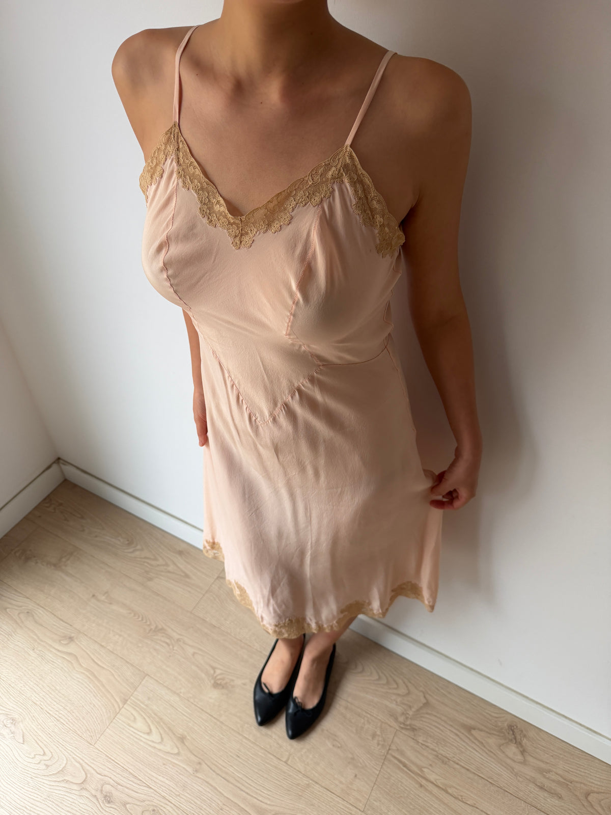 Vintage 1930s Pink Slip Dress with Floral Lace Trim, Midi Length