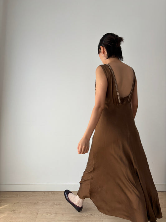 1960s Vintage 100% Silk Brown Floral Embroidered Long Slip Maxi dress