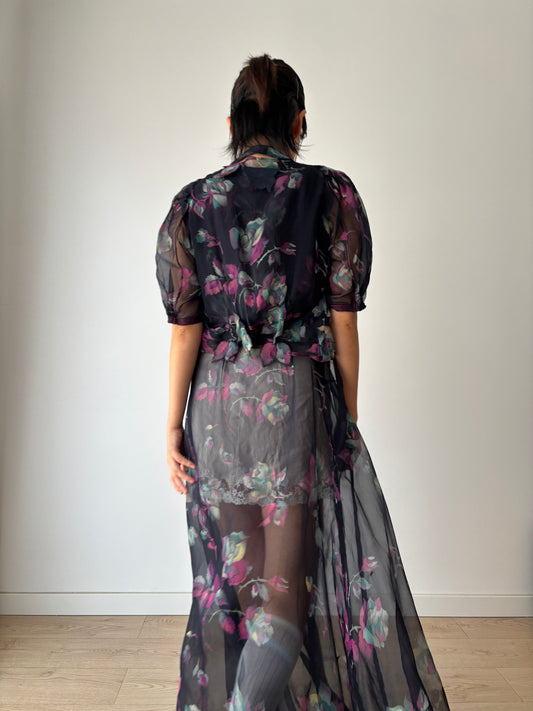 1940s 50s Black Floral Pure Silk Nightgown 2 Piece Set / Bed Jacket Slip Dress Lingerie Set