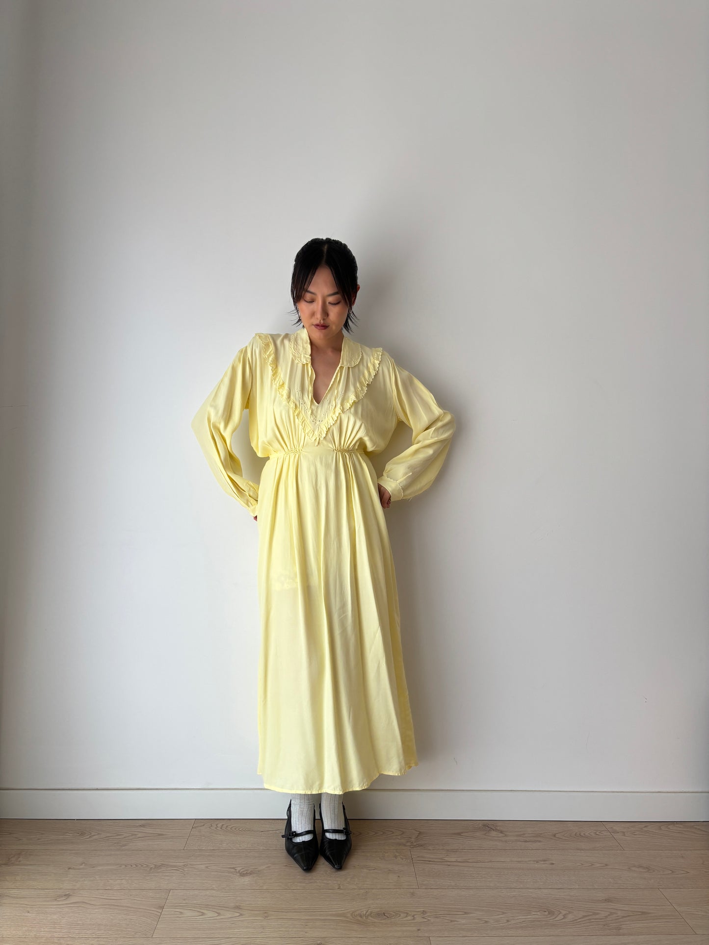 1940s Antique Silk Satin Yellow Embroidered Long Slip Maxi dress