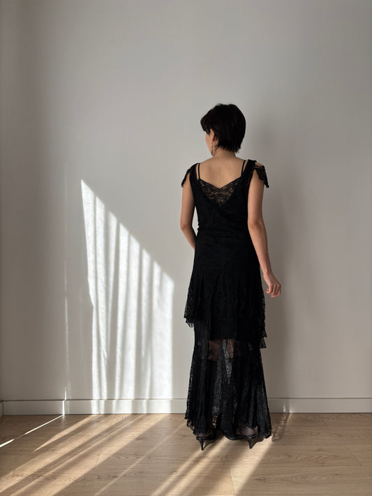 1930s Black Lined Lace Dress With Floral Appliqué