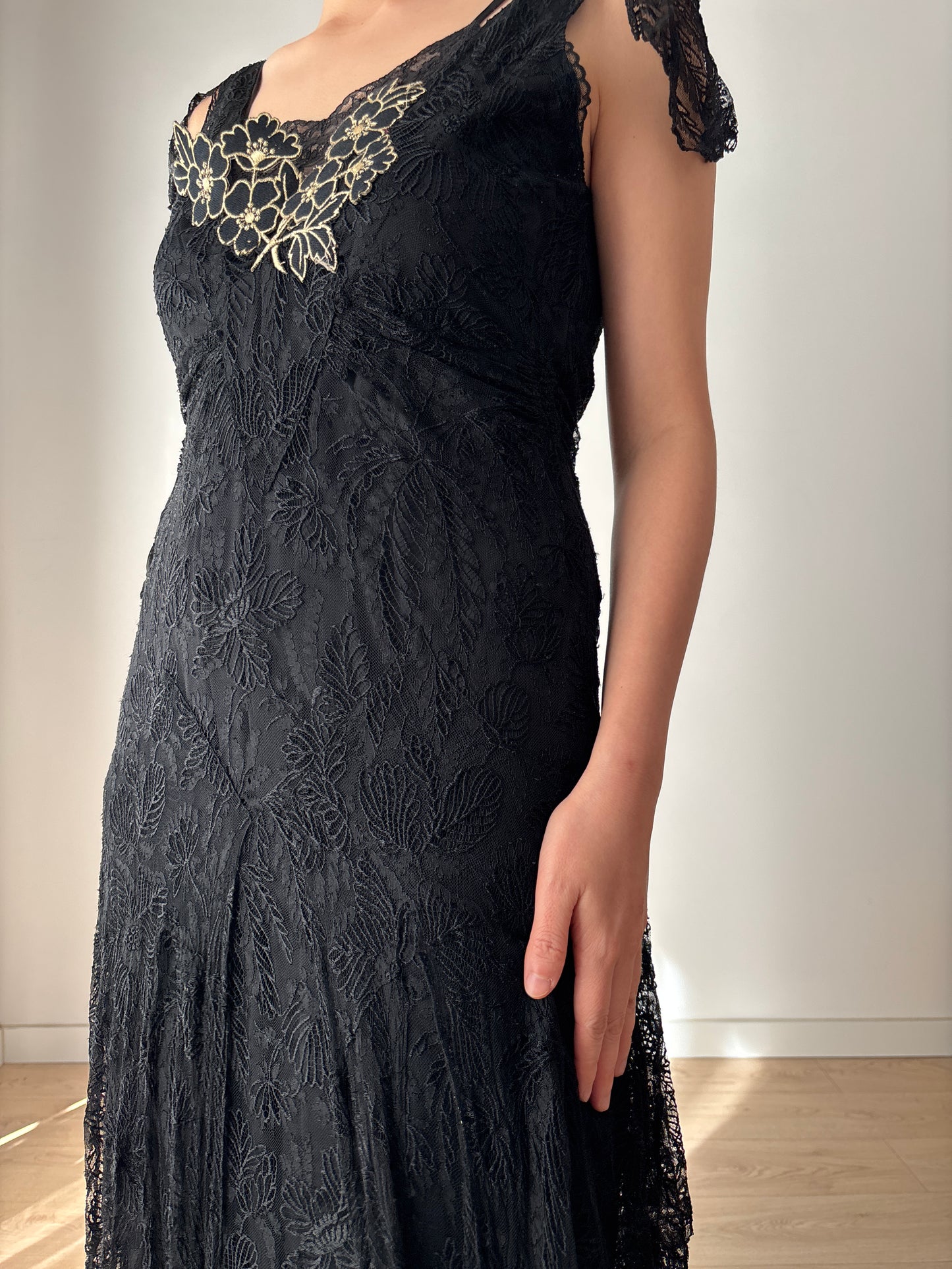 1930s Black Lined Lace Dress With Floral Appliqué