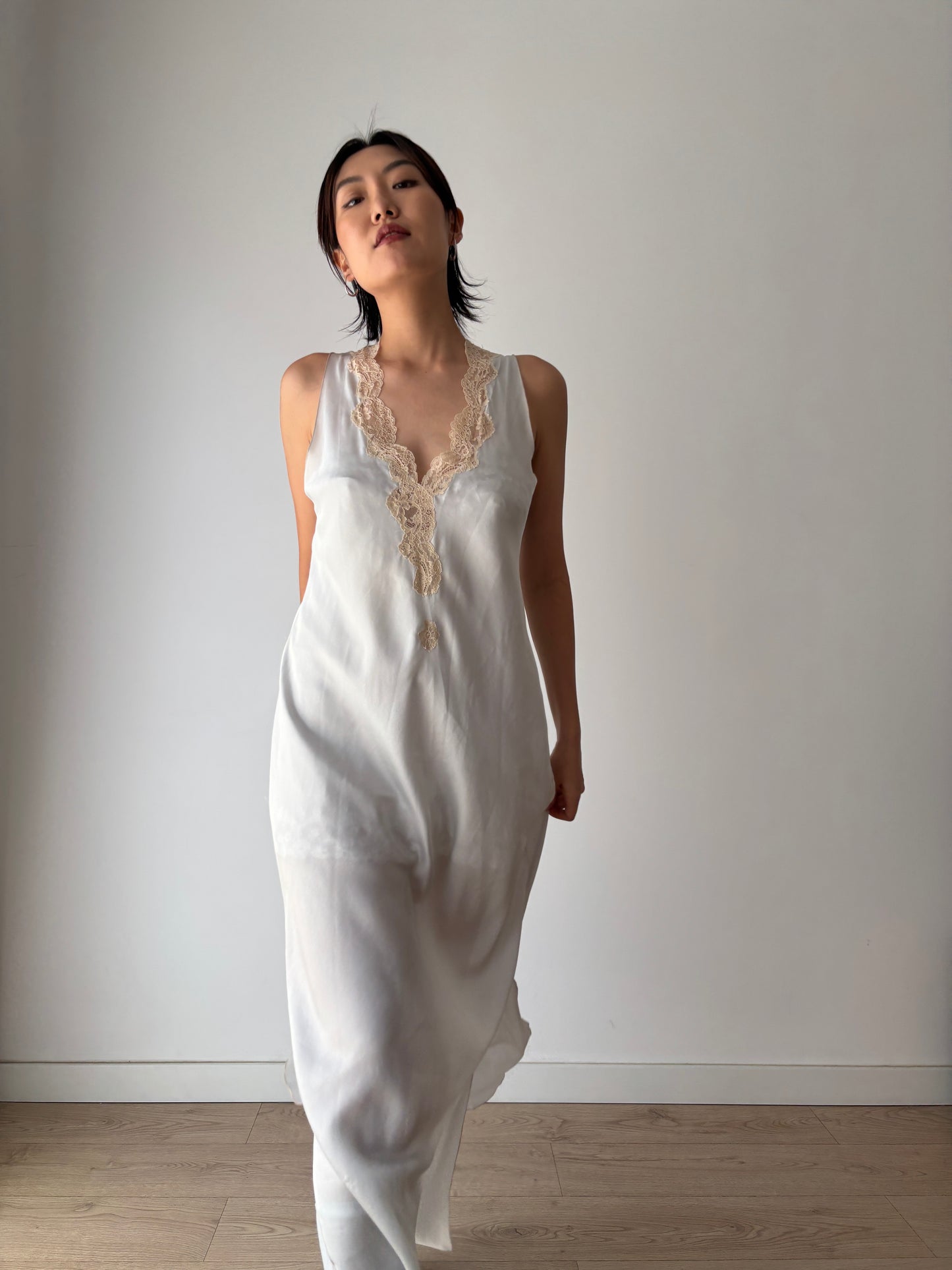 Antique vintage double side slit iquid 100% pure silk lace art deco style blue nightgown romantic maxi slip dress