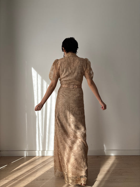1930s Beige Lace Wrap Dress Lined: Front Button Closure & Puff Sleeves