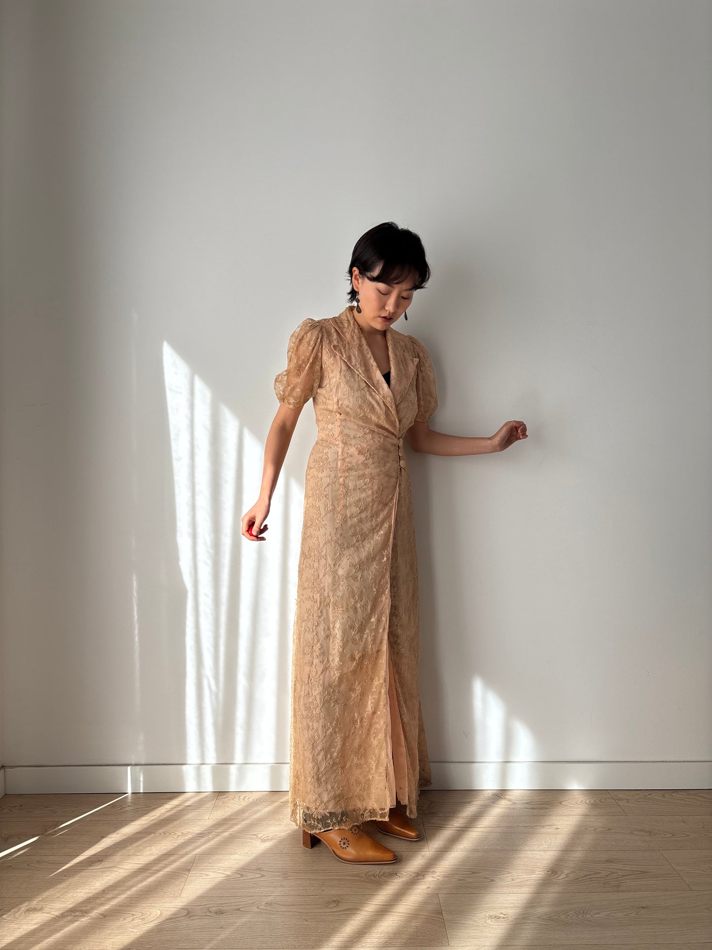 1930s Beige Lace Wrap Dress Lined: Front Button Closure & Puff Sleeves