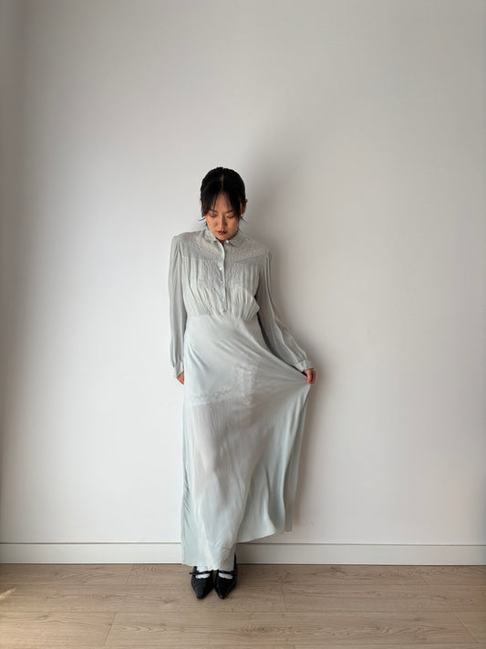 1930s Antique Blue Bias Cut Negligee Pure Silk Crepe Embroidery Nightgown